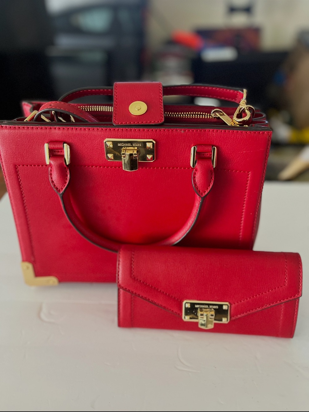 Michael Kors Red Leather Satchel with Matching Wallet